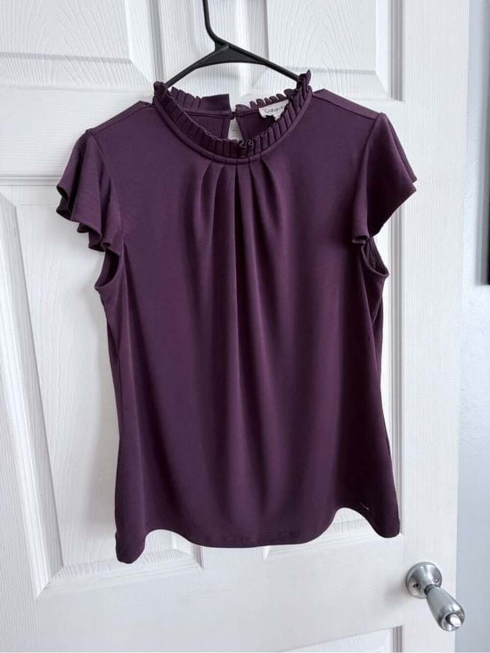 Calvin Klein Plum Ruffle-Trim Cap Sleeve Blouse